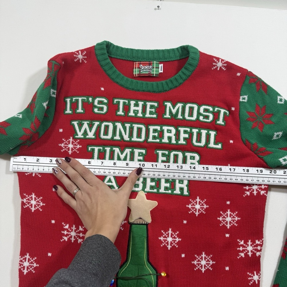 It's the Most Wonderful Time for a Beer Red Xmas Ugly Christmas Sweater S Lights - Picture 7 of 9